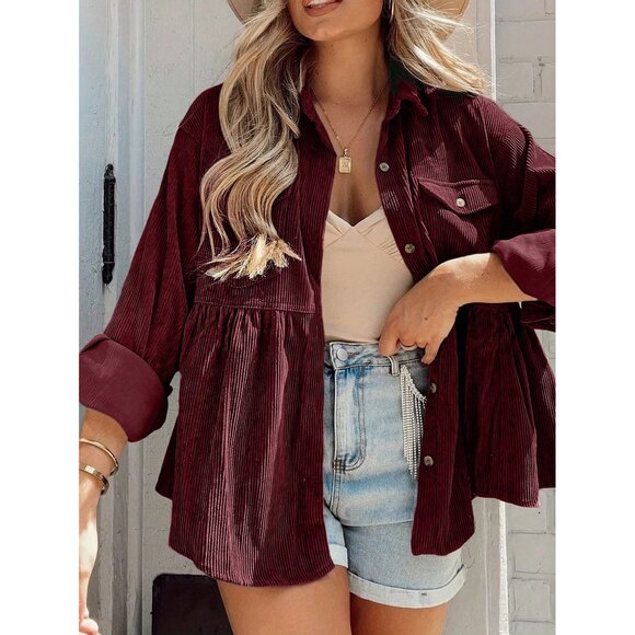 Corduroy long sleeve peplum button up top boho - Picture 3 of 3